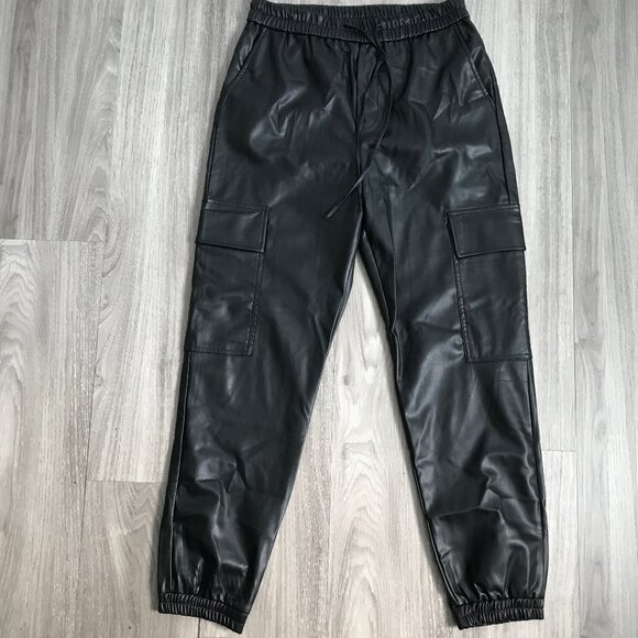 Zara Faux Leather Jogger Pant Black Pockets Drawstring Elastic Waist Womens S - Picture 1 of 8